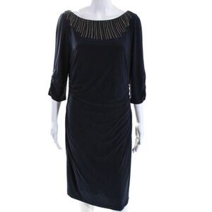 Adrianna papell black beaded 3/4 Sleeve  Evening Bodycon Dress Stretchy 16